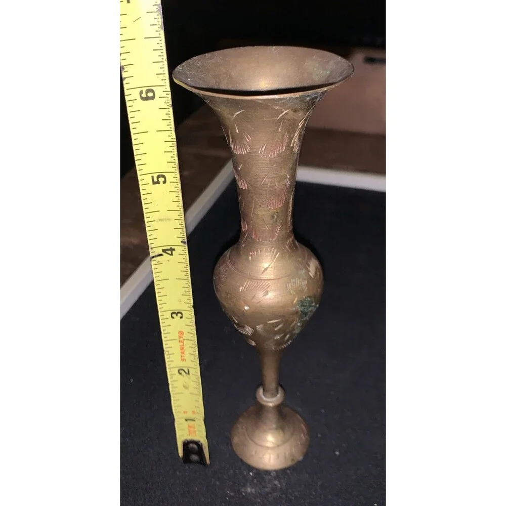 Vintage Solid Brass Small Vase 6 Inch - Etched